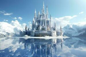 en snöig sagoland, en 3d tolkning av elsa slott i en blå snöig berg bakgrund. ai generativ foto