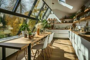modern kök interiör design i lägenhet eller hus med möbel. lyx kök Hem scandinavian begrepp förbi ai genererad foto