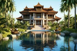 thai balinesisk lyx villa med oändlighet simning slå samman. en tropisk trädgård i ubud bali indonesien begrepp förbi ai genererad foto