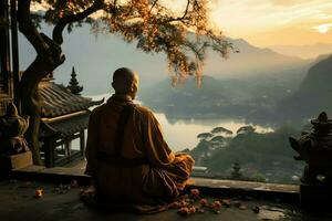 en buddha sitter i de berg med en lotus och ljus. bakgrund för Vesak firande. Vesak dag begrepp. Vesak firande dag hälsningar begrepp förbi ai genererad foto