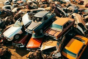 rostande gammal skräp bilar med miljö förorening i Bildemontering för återvinning. övergiven bil avfall begrepp förbi ai genererad foto