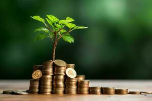 företag tillväxt med en växande träd på en mynt. som visar finansiell utvecklingen. finansiell planera begrepp förbi ai genererad foto