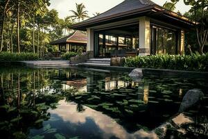 thai balinesisk lyx villa med oändlighet simning slå samman. en tropisk trädgård i ubud bali indonesien begrepp förbi ai genererad foto