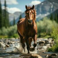 en vild häst löpning i de bäck. vild eller bruka djur begrepp förbi ai genererad foto
