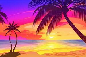 hawaiian solnedgång med handflatan träd. släppa skugga. vibrerande färger. foto