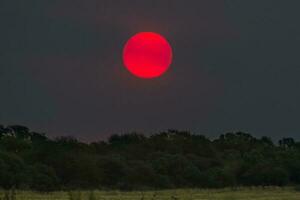 en röd Sol är sett i de himmel över en fält foto