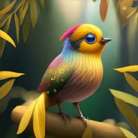 söt Flerfärgad illustration fågel sittplatser i de skog på en träd gren ai genererad foto