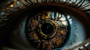extrem närbild av ett robot öga, elektronisk elev, chip, generativ ai foto