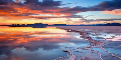 ai genererad. ai generativ. bolivia salt sjö. rosa moln reflektera på vatten sjö yta. äventyr resa semester utomhus- natur vibe. grafisk konst foto