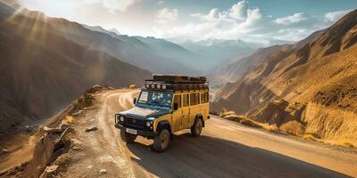 ai genererad. ai generativ. bil jeep fordon i öken- sand landskap. väg äventyr resa resa semester. grafisk konst foto