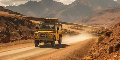 ai genererad. ai generativ. bil jeep fordon i öken- sand landskap. väg äventyr resa resa semester. grafisk konst foto