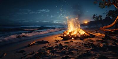 ai genererad. ai generativ. solnedgång kväll natt bål lägereld brand trä på hav hav kust strand sand. äventyr semester resa camping vibe. grafisk konst foto