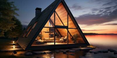 ai genererad. ai generativ. scandinavian triangel- en ram hus hotell lägenhet. natur utomhus- semester koppla av äventyr vibe. grafisk konst foto