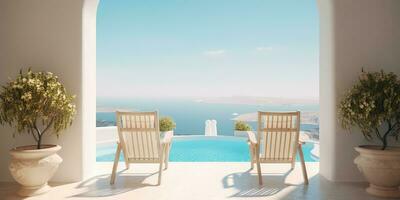 ai genererad. ai generativ. semester koppla av äventyr vibe. två vit trä stol på slå samman hav hotell villa. blå och vit färger. grafisk konst foto
