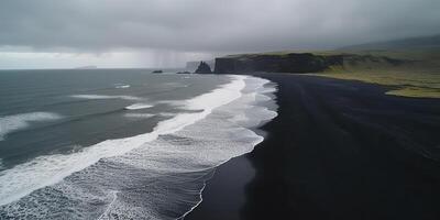 ai genererad. ai generativ. island antenn luft Drönare se. kosta strand hav Vinka linje. svart sand landskap. äventyr natur resa vibe. grafisk konst foto