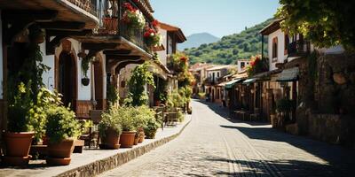 ai genererad. ai generativ. skön romantisk kärlek italiensk Europa gata promenad se. växter blommor äventyr resa semester stad vibe. grafisk konst foto