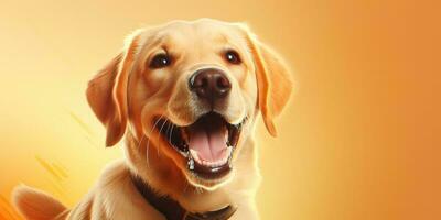 ai genererad. ai generativ. Lycklig citera leende hund frontal ansikte frontal porträtt. djur- sällskapsdjur mat befordran marknadsföring. grafisk konst foto