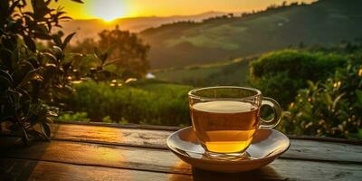 ai genererad. ai generativ. kopp av grön te med fält grön plantage berg bakgrund scen. grafisk konst foto