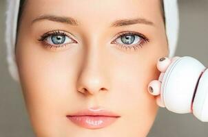 anti-åldring kosmetologi och skönhet behandling produkt, kvinna använder sig av ansikte kontur massage vält enhet som ansiktslyftning procedur och hudvård rutin- foto
