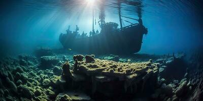 ai genererad. ai generativ. under vatten hav hav dykning skiljer sig äventyr. under vattnet utforska resa gammal historia fartyg. nautisk marin djup bluew vibe.graphic konst foto