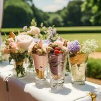 is grädde desserter buffé tabell, händelse mat catering för bröllop, fest och Semester firande, is krämer och blommor dekor i en blommig landsbygden trädgård, generativ ai foto