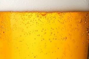 närbild glas av kall öl med skum som textur och bakgrund, efterbehandlat, generativ ai foto