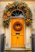 höst krans dekoration på en klassisk dörr ingång, välkomnande höst Semester säsong med höstlig dekorationer, generativ ai foto