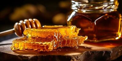 ai genererad. ai generativ. honung vaxkaka öken- med trä- pinne och glas. friska socker öken. grafisk konst foto