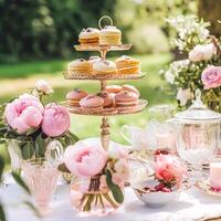 efterrätt buffé med pion blommor, catering för bröllop, fest och Semester firande, kakor och desserter i en landsbygden trädgård, generativ ai foto