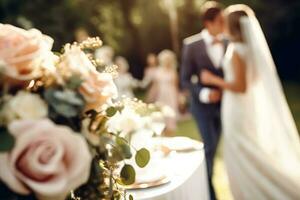 bröllop ceremoni och firande, brud och brudgum på en skön utomhus- mötesplats på en solig dag, lyx bröllop dekor med blommor och brud- bukett, generativ ai foto