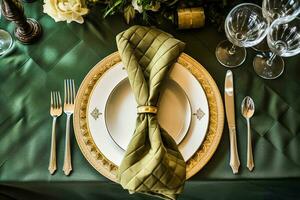 elegant middag tabell miljö arrangemang i engelsk Land stil som flatlay bordsbild, vikta servett på en tjänande tallrik, porslin och Semester tabell dekor, generativ ai foto