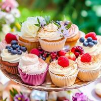 cupcakes, kakor, scones och muffins och Semester dekoration utomhus på de engelsk Land stil trädgård, ljuv desserter för bröllop, födelsedag eller fest firande, generativ ai foto