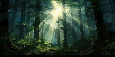ai genererad. ai generativ. dimma dimma magi mörk skog. med Sol stråle gående genom träd. äventyr utforska läskigt skrämmande humör. grafisk konst foto