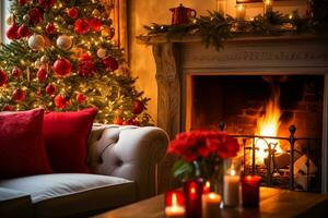 jul, Semester dekor och Land stuga stil, mysigt atmosfär, dekorerad jul träd i de engelsk landsbygden hus levande rum med öppen spis, interiör dekoration foto
