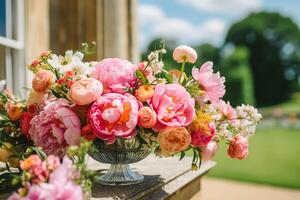 Land liv, trädgård och blommig dekor, pion blommor bukett i de landsbygden, Land stuga stil, generativ ai foto