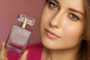parfym, skönhet produkt och kosmetika modell ansikte porträtt på rosa bakgrund, skön kvinna innehav doft flaska med blommig feminin doft, mode och smink foto