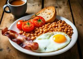 engelsk frukost med ägg, bacon och bönor foto