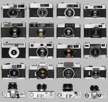 årgång gammal filma kamera samling isolerat foto