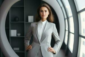en företag kvinna stående i en grå kostym i de kontor foto