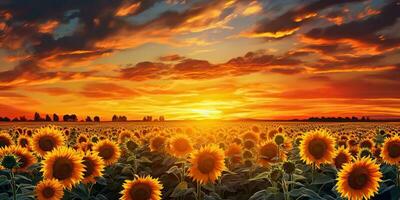 ai genererad. ai generativ. retro illustration av solros Sol blomma fält landskap. natur utomhus- bruka skörda växt vibe. grafisk konst foto