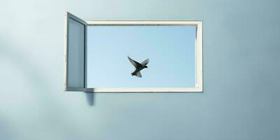 ai genererad. ai generativ. vild öppen fönster med flygande fågel. fri frihet natur gå bort liv vibe. grafisk konst foto