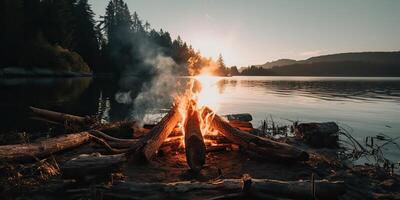 ai genererad. ai generativ. utomhus- natur vild landskap bål lägereld läger flamma koppla av kyla sjö strand sida. äventyr resa koppla av vibe. grafisk konst foto