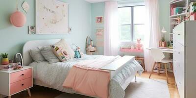 ai genererad. ai generativ. tonåring barbie kvinna rosa stil dekor design arkitektur sovrum Hem lägenhet. grafisk konst foto