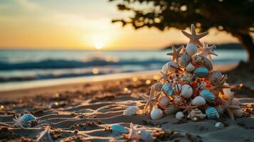 jul träd tillverkad av ornament, sjöstjärna och snäckskal på de hav Strand strand sand - generativ ai. foto