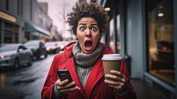 förtjust överraskad eller förskräckt ung vuxen kvinna innehav henne kaffe kopp och cell telefon gående utanför - generativ ai. foto