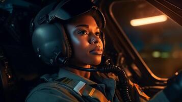 stolt afrikansk amerikan kvinna luft tvinga kämpe pilot i de cockpit av henne kämpe jet - generativ ai. foto