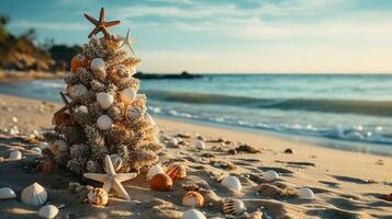 jul träd tillverkad av ornament, sjöstjärna och snäckskal på de hav Strand strand sand - generativ ai. foto