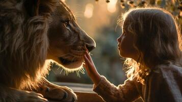 profil av en orädd ung kvinna barn försiktigt rörande de ansikte av en mycket stor lejon - generativ ai. foto