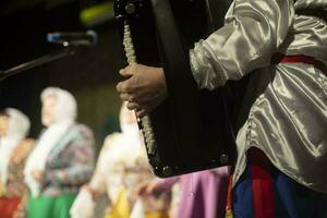 spelar folk instrument. folklore ensemble. accardion i hand. foto