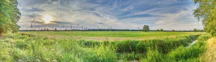 panorama- bild över jordbruks område på de kant av skog under blå himmel foto